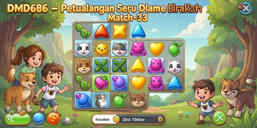 Tampilan gameplay DMD686 di level Match-3 yang penuh warna dan seru.