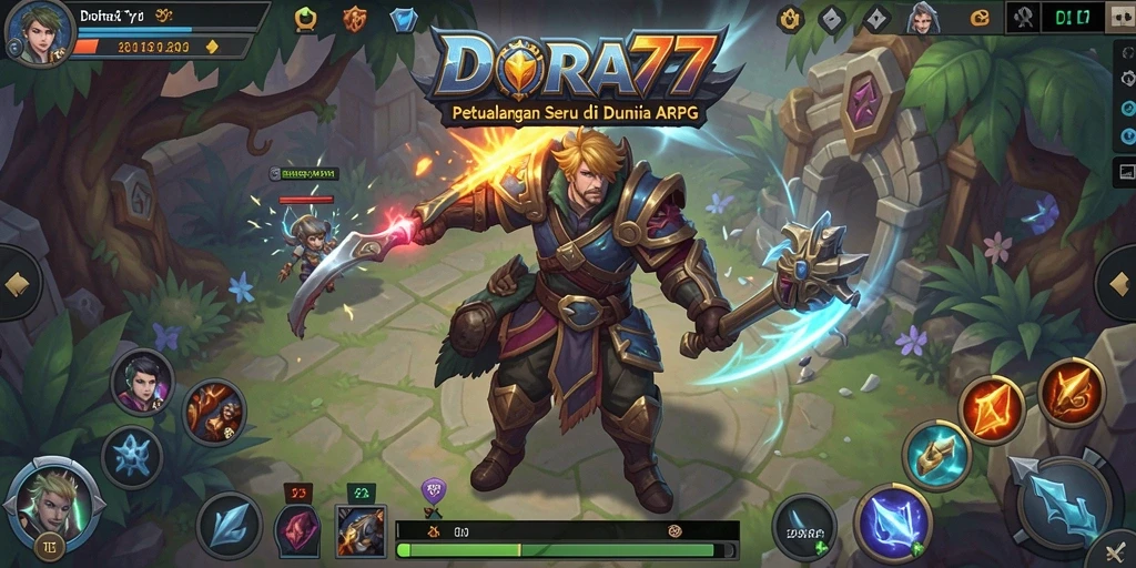 Screenshot gameplay DORA77 menunjukkan pertarungan mendebarkan di dunia fantasi.
