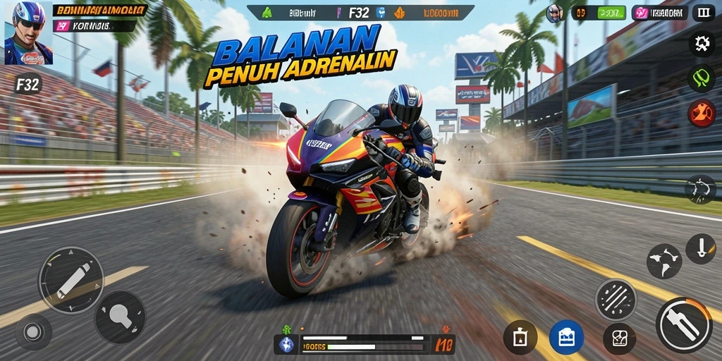 Gameplay F32 yang menegangkan dengan berbagai motor cepat.