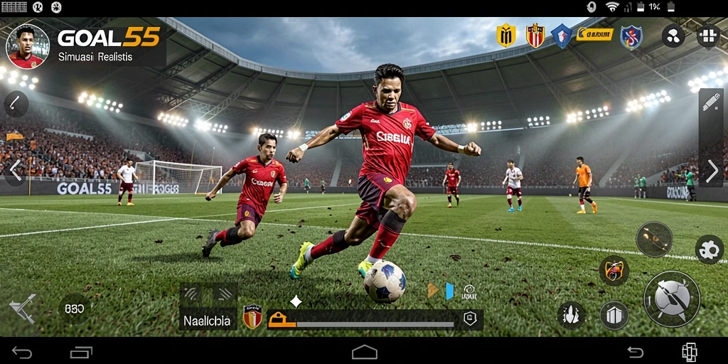 Tampilan gameplay GOAL55 yang mendemonstrasikan simulasi sepak bola yang realistis.
