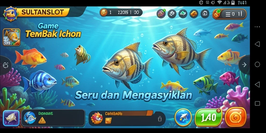 Gameplay seru SULTANSLOT saat menembak ikan berwarna-warni.